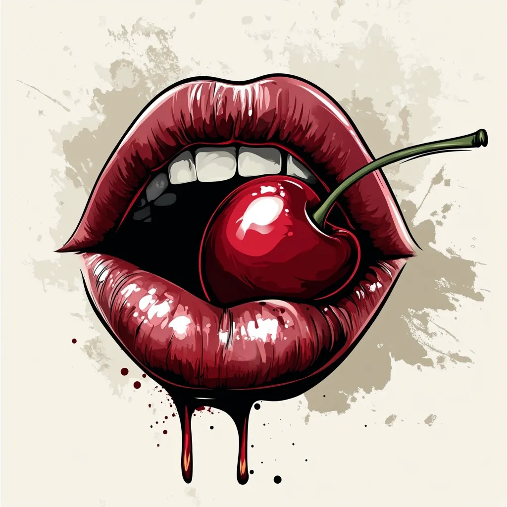 Here's a description of the image:

The illustration showcases a pair of luscious, full lips painted a deep, glossy red, biting into a ripe, vibrant cherry.  The cherry's stem extends elegantly from the mouth.  The style is bold and graphic, with a high level of detail in the rendering of the lips and the cherry's texture and shine. Red drips from the bottom lip, adding a sensual touch. The background is a muted beige with a splattered, painterly texture, providing contrast to the intense colors of the foreground. The overall effect is dramatic and evocative.