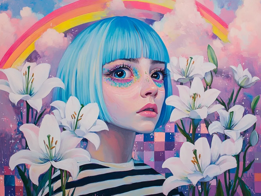 A vibrant painting features a young woman with short, bright blue hair, framed by large, white lilies.  Her face is delicately rendered with pastel hues and sparkly accents around her eyes. A rainbow arches in the background, set against a dreamy, purple and pink sky with pixelated elements. The overall style is whimsical and dreamy, blending elements of fantasy and surrealism. The painting evokes feelings of lightheartedness and wonder.