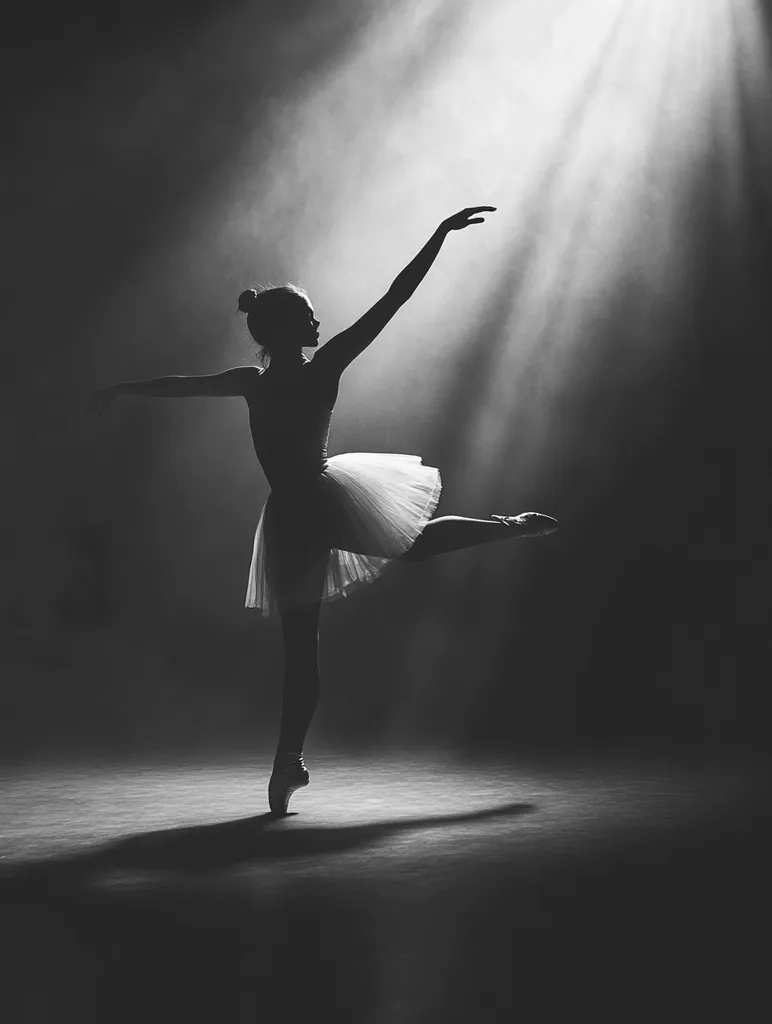 Here's a description of the image:

A monochromatic, full-shot photograph captures a ballerina in mid-pose.  She's gracefully poised en pointe, one leg extended, arm outstretched, bathed in a single, dramatic spotlight that cuts through the dark background.  The ballerina's silhouette is stark against the dimly lit stage, her tutu and form subtly defined by the light. The overall mood is one of elegance, ethereal beauty, and artistic intensity.  A sense of movement and stillness coexist within the frame.