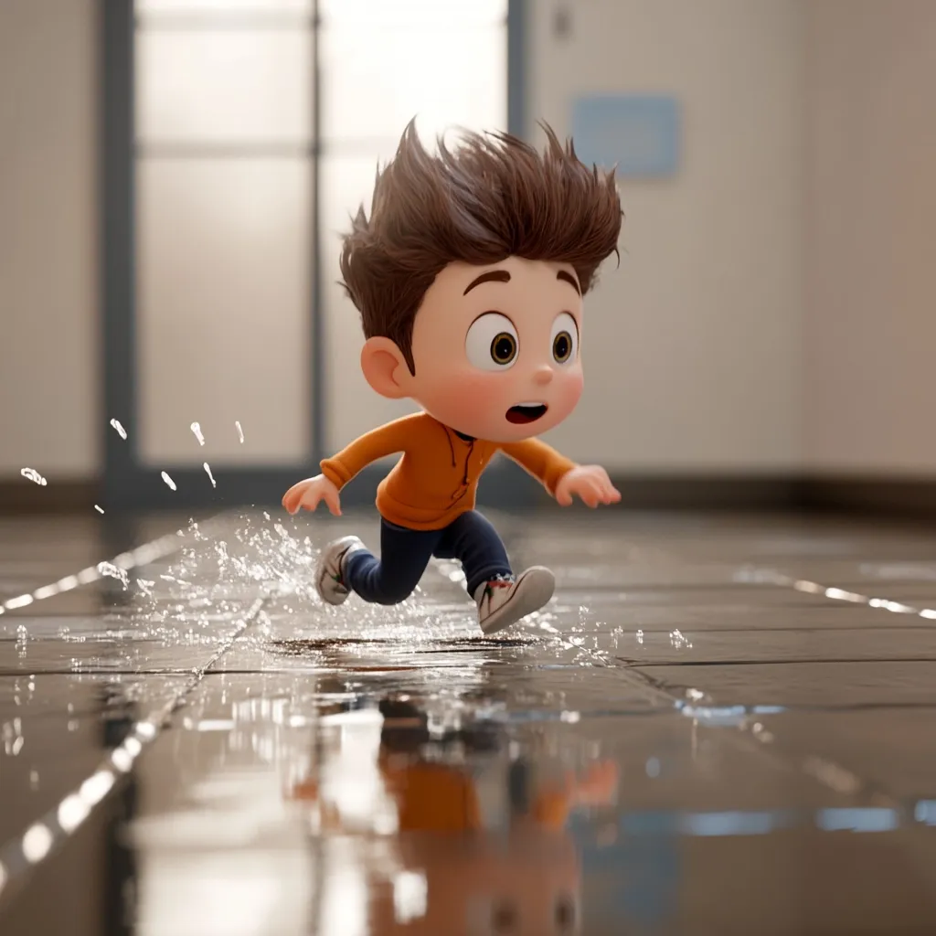 A 3D-rendered cartoon boy with brown hair runs through a puddle of water on a shiny tile floor.  He's wearing an orange long-sleeved shirt and dark pants, his expression is one of urgency or excitement.  Water splashes around his feet as he runs, creating small droplets that arc through the air. The background is a blurry indoor hallway with a door visible.  The overall scene is bright and cheerful.