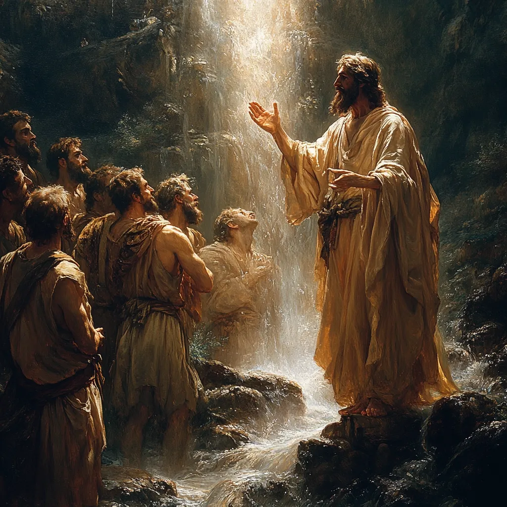 The painting depicts Jesus Christ, standing by a waterfall, addressing a group of his disciples.  He's dressed in flowing, light-brown robes, his hand raised in a gesture of teaching or blessing. The disciples, clad in simple tunics, stand attentively, their gazes directed towards Jesus and the divine light emanating from behind him. The scene is dramatically lit, emphasizing the spiritual significance of the moment, set against a dark, rocky landscape. The overall mood is one of reverence and spiritual revelation.