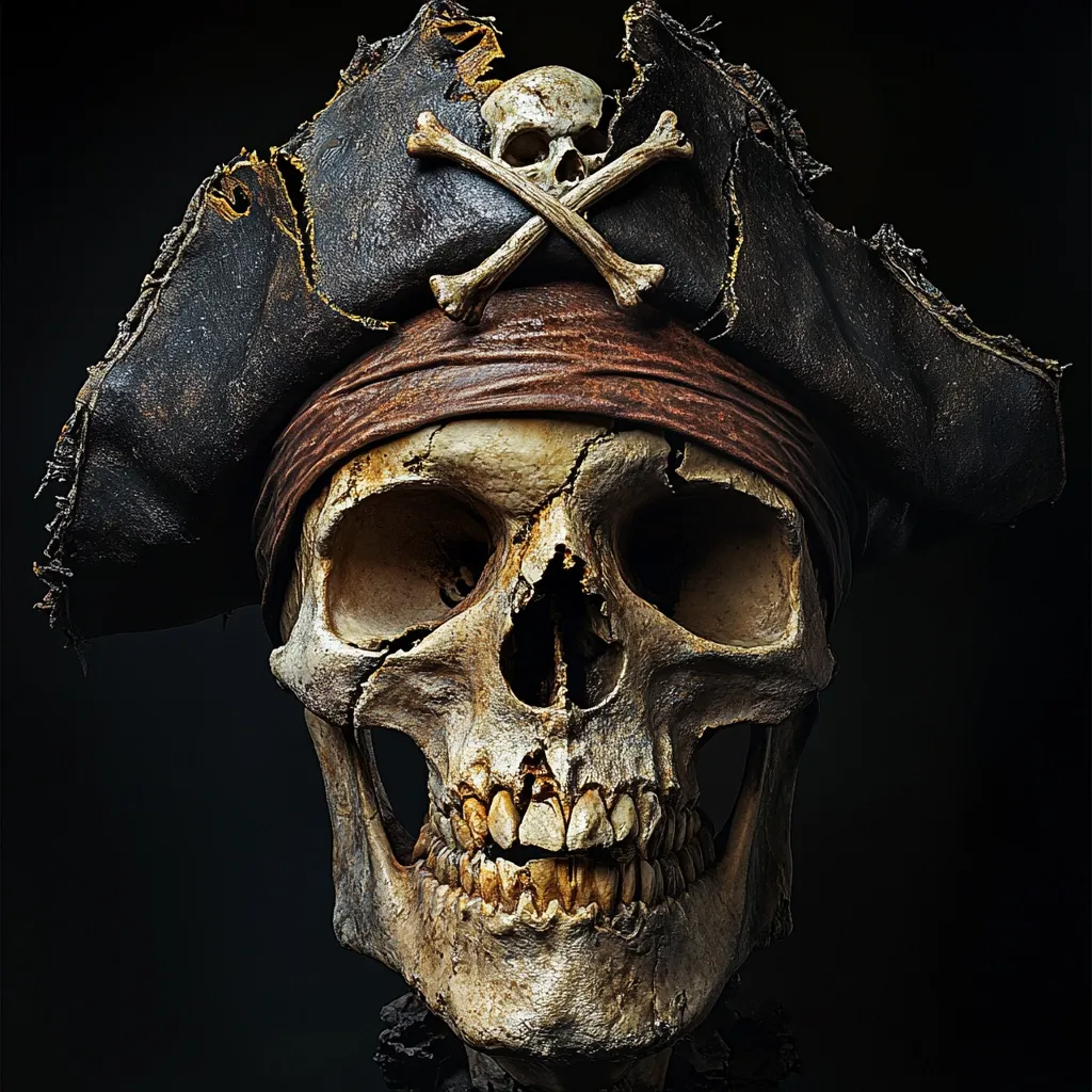 A weathered human skull, adorned with a tattered tricorn pirate hat and a skull and crossbones emblem, is the focal point of this darkly lit image. The skull shows signs of age and decay, adding to the overall macabre aesthetic. The hat's worn leather and frayed edges enhance the image's sense of antiquity and adventure. The dark background isolates the skull, drawing attention to the detailed texture of the bones and the hat's material. The overall effect is a dramatic and evocative portrayal of pirate imagery.