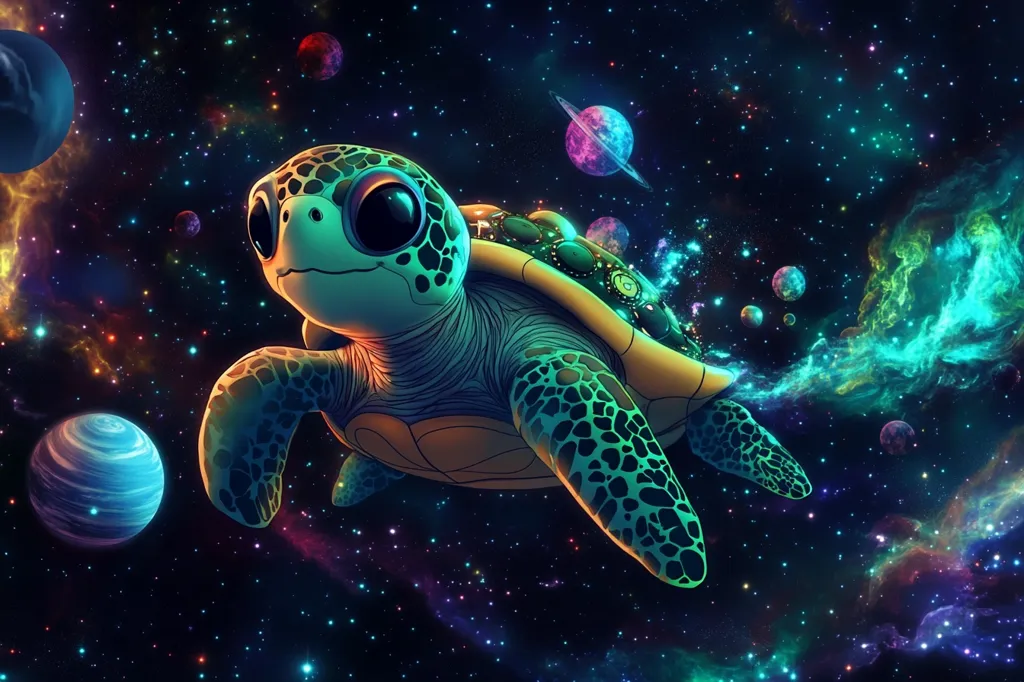 Here's a description of the image:

A vibrant, stylized sea turtle glides through a cosmic landscape. Its shell is adorned with intricate patterns and glows with an inner light.  Surrounding the turtle are planets of various colors and sizes, nebulae swirling with nebulous gases, and a scattering of stars. The overall color palette is rich with blues, greens, purples, and oranges, creating a surreal and dreamlike atmosphere. The turtle's large, expressive eyes add a touch of whimsy to the fantastical scene.  The image is digitally created and has a highly detailed, almost painterly quality.