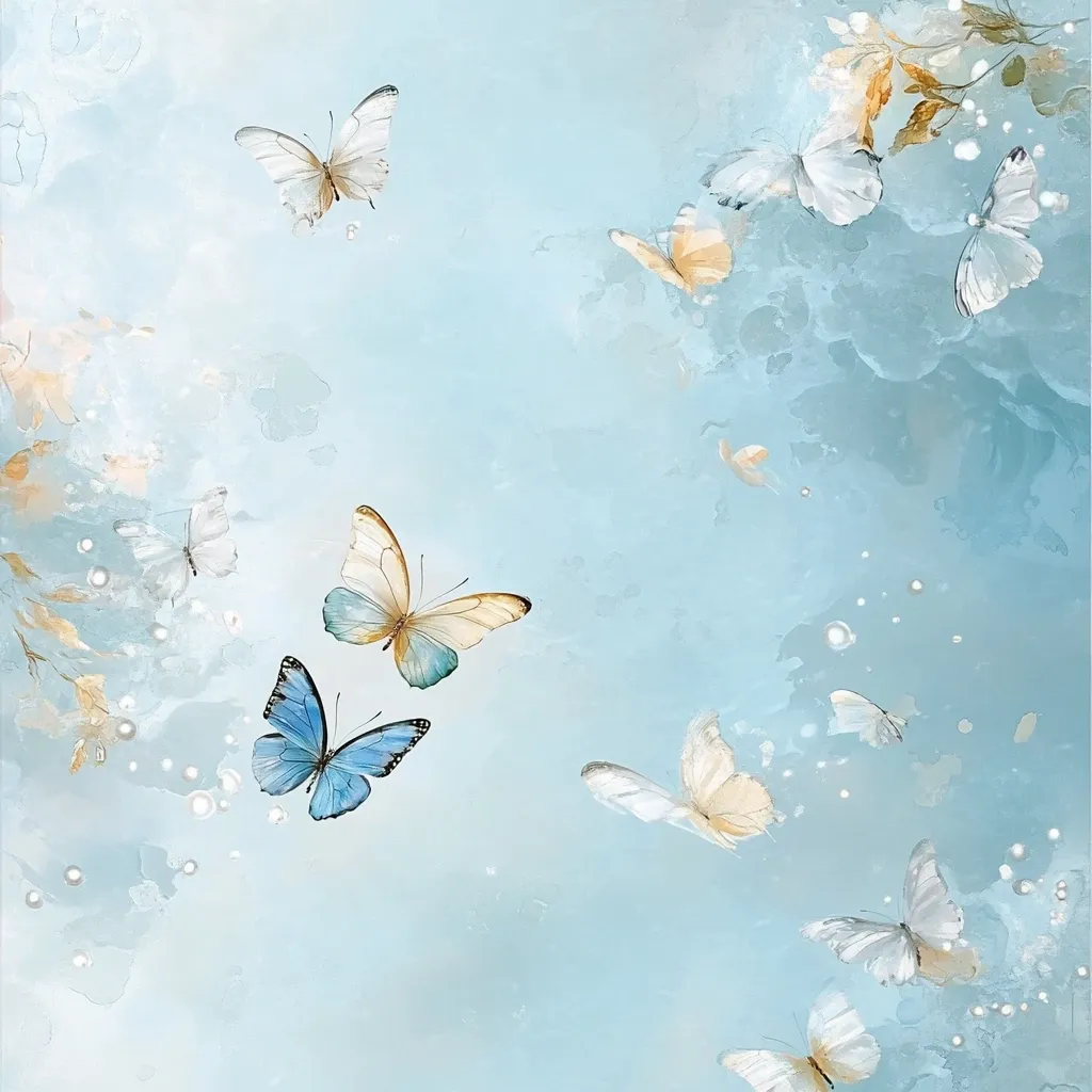 Here's a description of the image:

The image is a dreamy, pastel-blue watercolor painting featuring numerous butterflies in flight.  The butterflies are predominantly pale cream and light blue, with delicate, translucent wings. They are scattered across the canvas against a soft, textured background of light blue washes, speckled with small, white dots that evoke a sense of lightness and airiness.  Several butterflies are more prominent in the center, while others are smaller and further away, creating depth. The overall effect is peaceful, ethereal, and evokes a feeling of serenity.