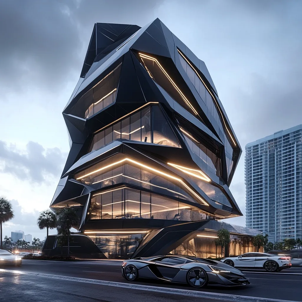 Here's a description of the image:

The image showcases a striking, modern building with a dramatic, faceted, black exterior. Its angular design features large, illuminated windows, creating a stark contrast against the twilight sky.  Two sleek, dark-colored sports cars are parked in front, emphasizing the building's luxurious and sophisticated aesthetic. A taller, more conventional high-rise building is visible in the background, further highlighting the unique architectural style of the main structure.  Palm trees line the street, adding a touch of tropical ambiance to the scene.  The overall impression is one of futuristic elegance and high-end design.