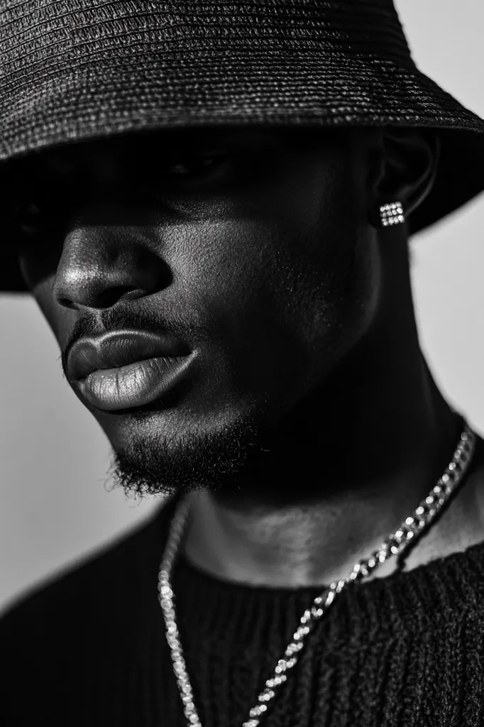 Here's a description of the image:

The black and white close-up shot features a young Black man wearing a black bucket hat that casts shadows over his eyes. His expression is serious and somewhat pensive.  His full lips and strong jawline are prominent features. He's also wearing a dark knit sweater and a noticeable silver chain necklace. Small, square earrings are visible in his ears. The image has a moody, stylized feel, with strong contrasts in light and shadow.