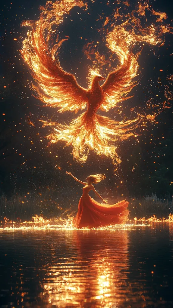 A fiery phoenix, its wings ablaze, dominates the dark sky, showering sparks onto a calm body of water.  Below, a woman in a flowing red gown stands, arms outstretched, seemingly connected to the mythical creature.  The scene is surreal and dramatic, with the contrasting elements of fire and water, and the woman acting as a bridge between the two, creating a powerful visual narrative. The overall effect is one of magic and transformation.