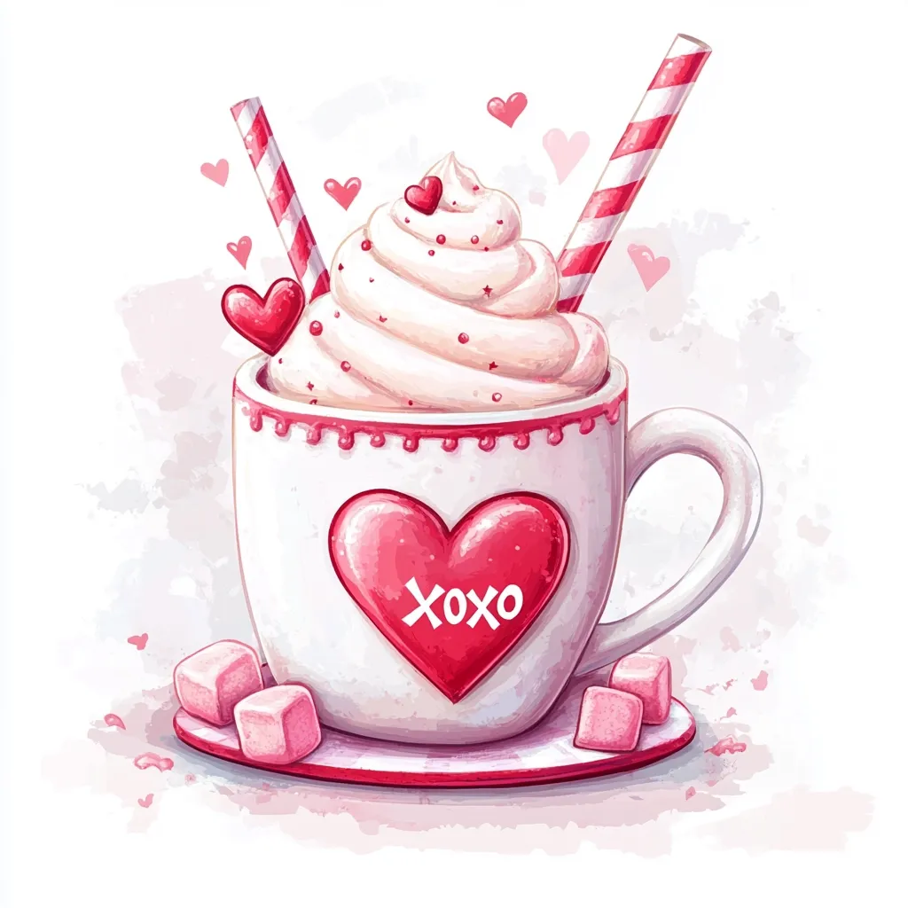 Here's a description of the image:

A whimsical illustration depicts a Valentine's Day-themed hot chocolate. A white mug, adorned with a large red heart bearing the inscription "XOXO," is filled with fluffy whipped cream topped with red sprinkles and tiny hearts.  Two red-and-white striped straws stick out from the cream.  The mug sits on a saucer with pink marshmallows, surrounded by a watercolor wash of soft pink and white, and small hearts float in the background, adding to the romantic and sweet atmosphere. The style is cartoonish and charming.