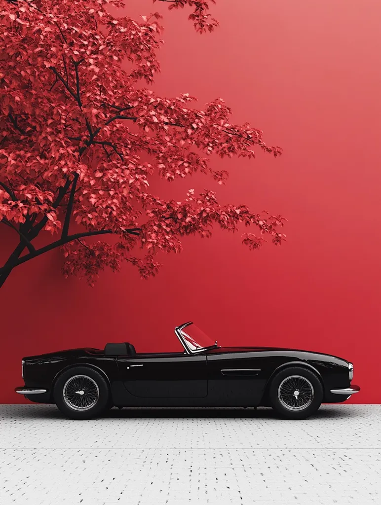 A sleek, black convertible classic car is parked against a vibrant red wall.  A stylized tree with crimson leaves partially obscures the car, creating a striking contrast of color and texture. The scene is minimalist, with a focus on clean lines and bold hues. The car sits on a light-colored, paved surface, adding to the overall sophisticated and aesthetically pleasing composition.