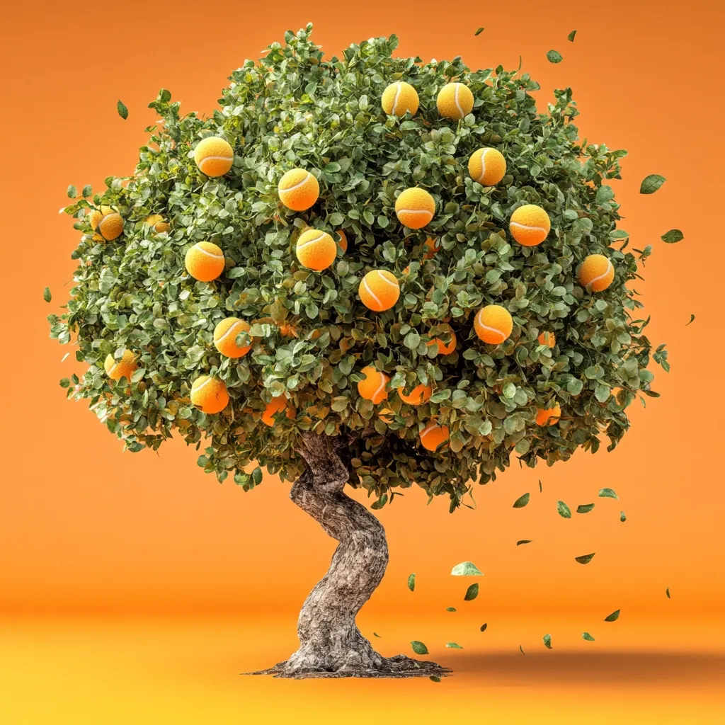 Here's a description of the image:

A whimsical illustration showcases a stylized tree with a gnarled, bonsai-like trunk, set against a vibrant orange background.  Instead of typical fruit, the tree's branches are laden with numerous tennis balls, mimicking a bountiful harvest.  Leaves fall gently from the tree, adding a sense of movement and whimsy. The overall style is surreal and playful, creating a striking visual contrast between the organic tree form and the unexpected tennis ball fruit.