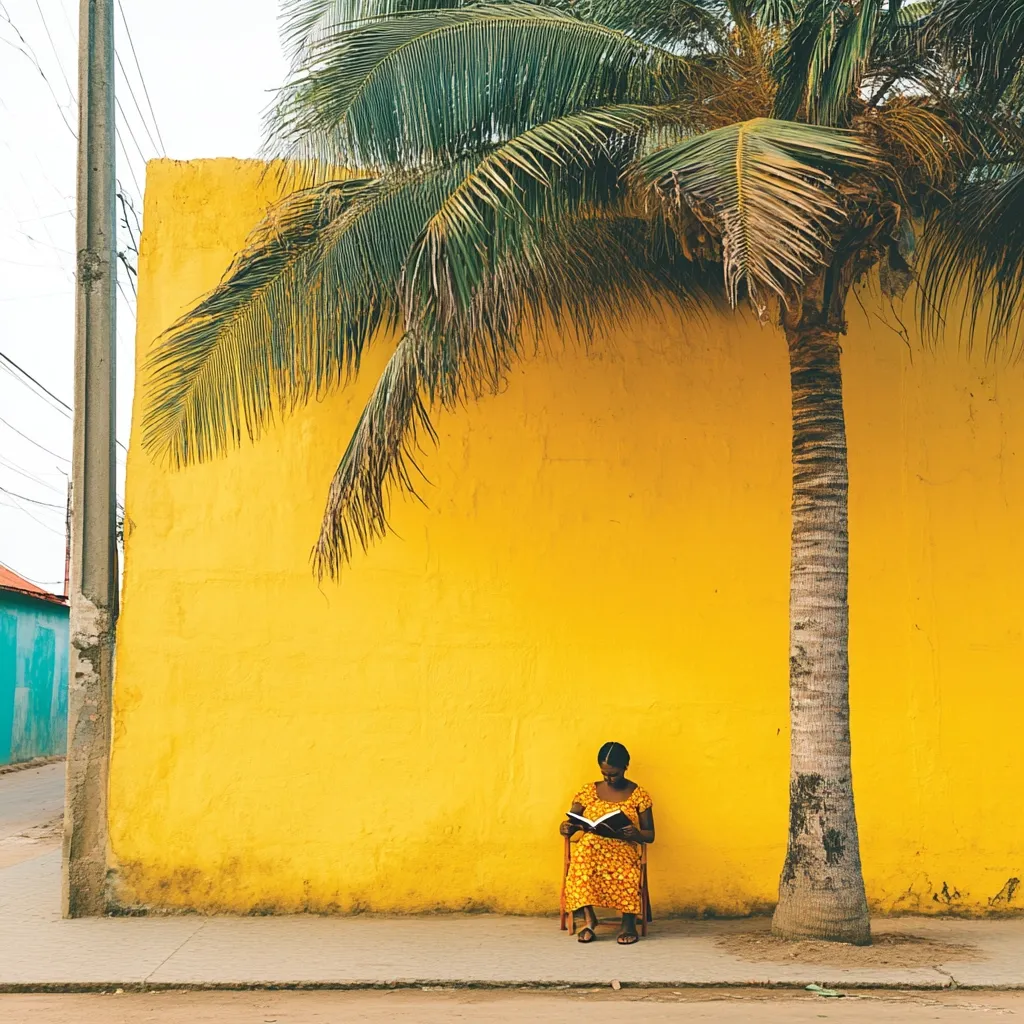 A woman in a yellow dress sits under a palm tree, engrossed in a book. She is positioned against a vibrant yellow wall, which dominates the background. The scene is simple yet striking, with the bright yellow providing a strong contrast to the woman's dark hair and the green palm fronds. The setting appears to be a tropical street, with a hint of other buildings visible in the distance. The overall feeling is one of peaceful solitude and quiet contemplation.
