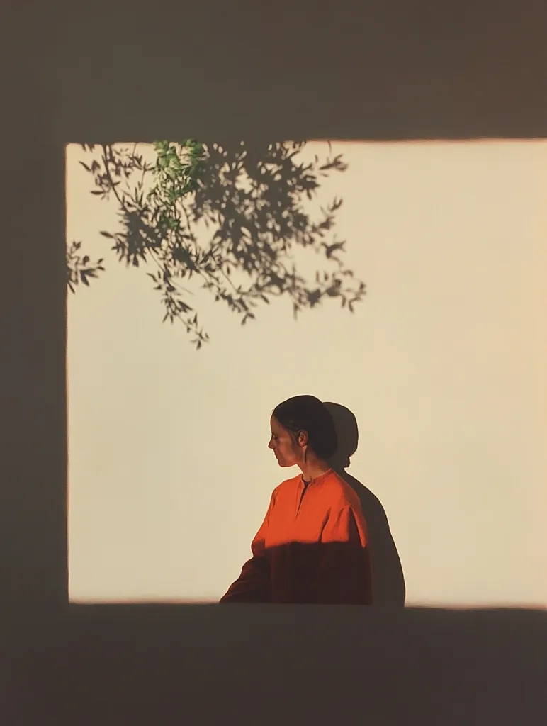 Here's a description of the image:

The photograph shows a woman in profile, seated and slightly angled away from the viewer. She's wearing a long-sleeved, burnt orange top.  The setting is minimalist; she's positioned against a light beige wall within a square frame of shadow, created by an unseen architectural element.  The shadow of a leafy branch extends across the upper portion of the frame, adding a natural element to the otherwise stark composition. The overall mood is serene and contemplative, highlighted by the soft light and muted tones.