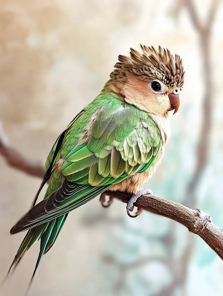 Here's a description of the image:

Close-up view of a  small, vibrant green parrot perched on a slender, dark brown branch.  Its plumage is predominantly green with hints of tan and brown on its head, which features a distinctive slightly spiky crest.  The bird's eyes are dark and round, and its beak is a pale, pinkish-brown. The background is softly blurred, suggesting a natural, out-of-focus setting of muted browns and whites, likely foliage. The image emphasizes the bird's vivid coloring and detailed feathers against the gentle backdrop.
