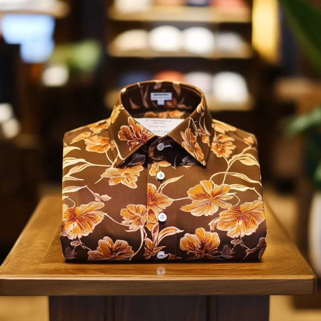 A brown, floral-printed dress shirt is neatly folded and displayed on a dark wooden table.  The shirt features a bold, orange and brown floral pattern, with a crisp, collared neckline. The background is blurred, suggesting a high-end clothing store setting with shelves of folded garments visible. The overall impression is one of sophistication and style.