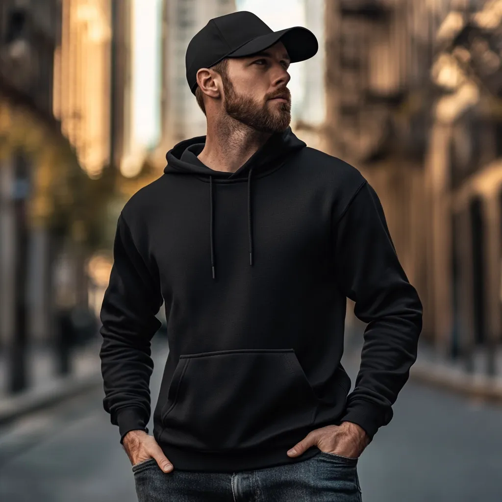 A young man with a beard stands on a city street, looking off to his right. He wears a black hoodie, dark jeans, and a black baseball cap.  The image is sharply focused on him, with a blurred background of urban buildings. His hands are casually in his pockets. The overall mood is stylish and contemplative. The lighting suggests either early morning or late afternoon.