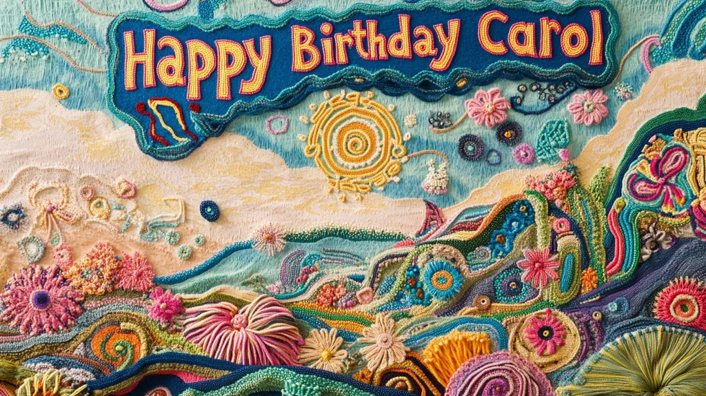 A vibrant, textured textile art piece celebrates Carol's birthday.  The words "Happy Birthday Carol" are prominently displayed in beaded lettering atop a whimsical, crocheted landscape.  The scene evokes an underwater world or a fantastical beach, brimming with colorful coral, flowers, and swirling patterns in various shades of blues, greens, yellows, and pinks.  The overall effect is playful and highly detailed, showcasing exceptional craftsmanship.