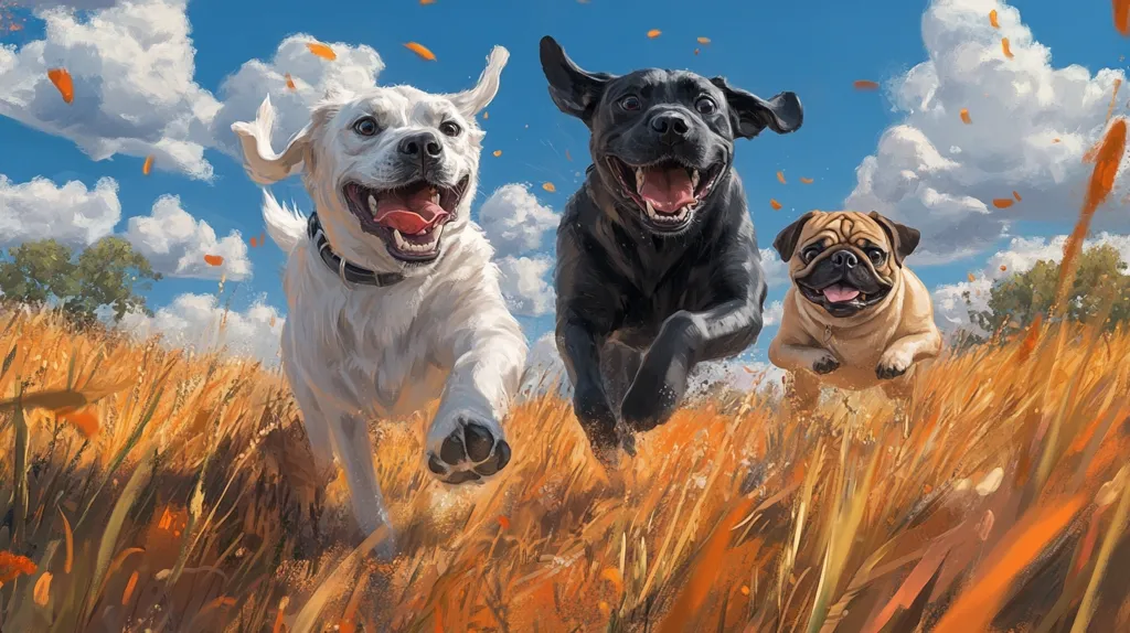 Here's a description of the image:

A digital painting shows three dogs joyfully running through a tall, golden field under a bright blue sky dotted with fluffy white clouds.  A white Golden Retriever leads the pack, its tongue lolling out in a happy grin.  A black Labrador follows closely behind, exhibiting a similar joyful expression.  A smaller, tan Pug brings up the rear, its face also alight with delight.  Orange-brown leaves drift down from the sky, adding to the whimsical, autumnal feel. The dogs' energetic movements and the vibrant colors create a sense of carefree fun and exhilaration.