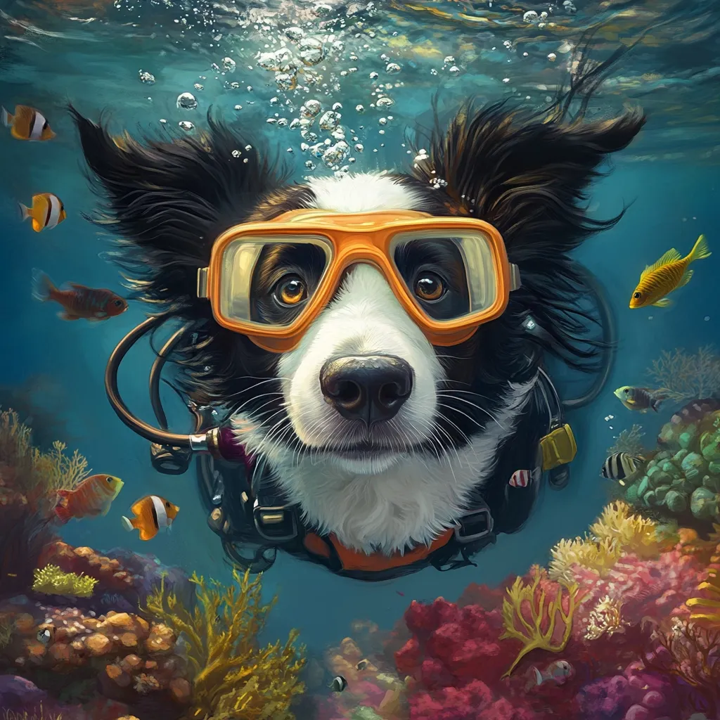Here's a description of the image:

A whimsical illustration depicts a border collie dog scuba diving underwater.  The dog, wearing orange diving goggles and scuba gear, is the central focus, its expressive face looking directly at the viewer.  Colorful tropical fish swim around it amidst vibrant coral reefs. Bubbles rise from the dog's surroundings, suggesting movement and underwater activity. The overall style is vibrant and playful, with a focus on detailed rendering of both the dog and the underwater environment.