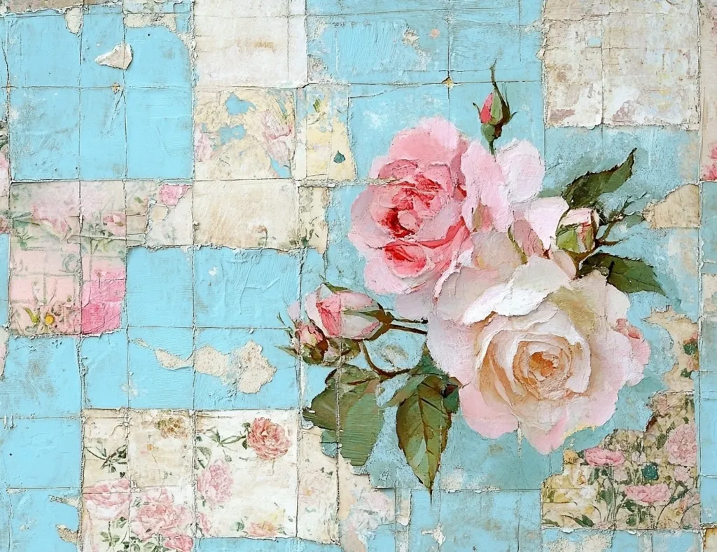Here's a description of the image:

The artwork is a textured, mixed-media piece featuring a cluster of realistically painted pink and peach roses against a backdrop of distressed, gridded, light blue paint.  The blue background appears aged and layered, with patches of faded floral wallpaper peeking through the cracks and crevices.  The roses are rendered with visible brushstrokes, giving them a slightly impressionistic quality that contrasts with the sharp grid lines. The overall effect is one of delicate beauty and subtle decay, creating a romantic yet slightly melancholic mood.