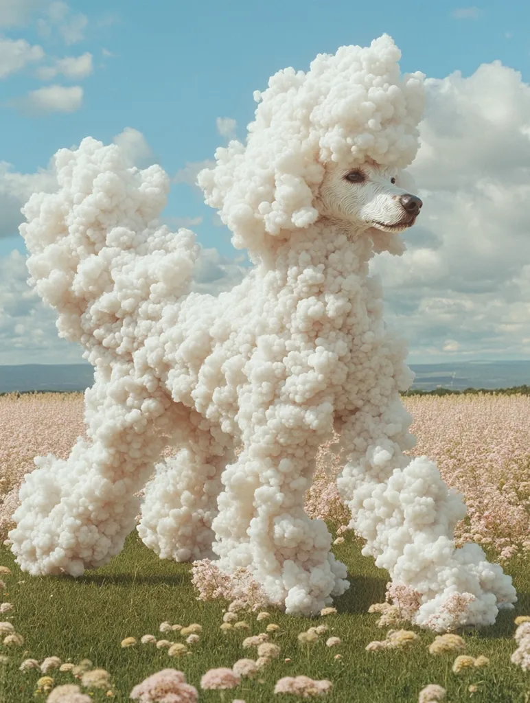 Here's a description of the image:

A surreal image depicts a standard poodle seemingly composed entirely of fluffy, off-white cotton balls.  The dog stands in a field of delicate pink flowers under a bright, partly cloudy sky. The cotton-ball texture is consistent throughout the dog's entire body, creating a whimsical, dreamlike effect. The scene is peaceful and evokes a sense of fantasy or unreality. The dog’s features are slightly visible through the cotton, maintaining its identifiable form.