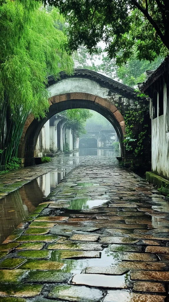 Here's a description of the image:

A tranquil scene unfolds in a quaint village, likely in China.  A stone path, glistening from recent rain, leads under a weathered arched stone bridge. The bridge frames a serene canal reflecting the lush greenery of surrounding buildings and overhanging trees.  Bamboo shoots line the path, adding to the verdant atmosphere. The buildings are aged and whitewashed, creating a picturesque and calming ambiance.  The overall mood is peaceful and evokes a sense of quiet contemplation.