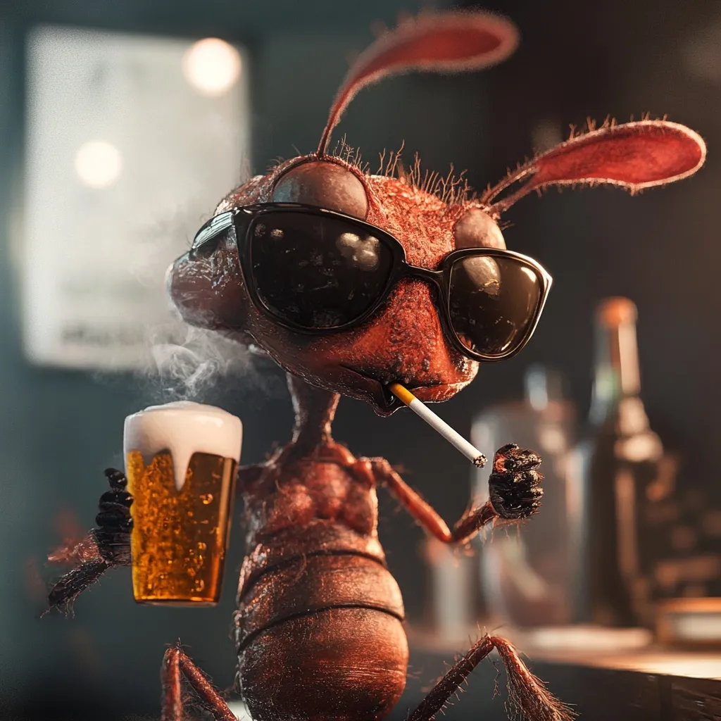 Here's a description of the image:

Close-up view of a stylized 3D-rendered ant. The ant is anthropomorphized, wearing sunglasses and holding a pint of beer in one hand and a lit cigarette in the other.  It has a rugged, textured appearance, with a slightly grizzled look. The background is blurred, suggesting a dimly lit bar or pub setting with liquor bottles visible. The overall tone is darkly humorous, depicting the ant in a human-like, slightly rebellious pose.  The lighting focuses on the ant, making it the clear center of attention.