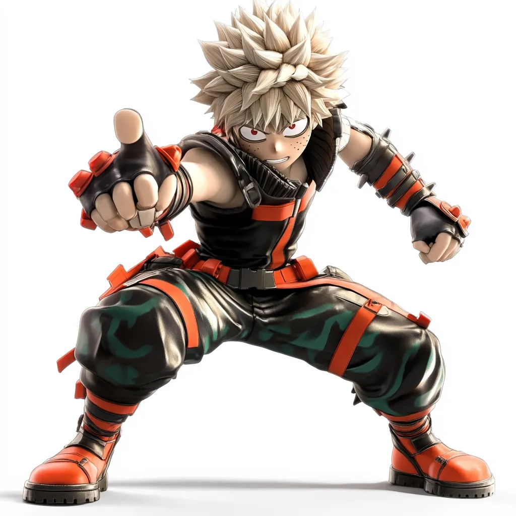 This is a digital rendering of Katsuki Bakugo from the anime My Hero Academia.  He's depicted in a dynamic fighting pose, crouched low with one hand extended forward.  Bakugo sports a fierce expression, his spiky blonde hair standing out against his dark and orange outfit.  The outfit features layered, armored-style pieces with sharp accents and orange highlights, enhancing his aggressive stance. The image is clean and brightly lit, emphasizing the character's details.