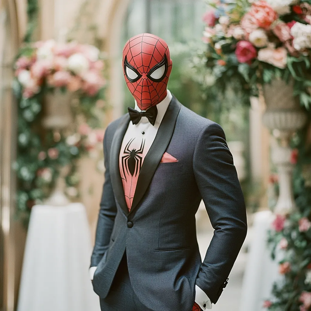 Here's a description of the image:

The photograph shows a person in a dark gray suit and a Spider-Man mask. The suit is formal, with a black bow tie and a pocket square. Underneath the suit jacket, a subtle Spider-Man symbol is visible on the shirt. The background is blurred but depicts a luxurious setting, possibly a wedding or formal event, with lush floral arrangements visible on either side. The overall tone is a blend of sophisticated style and playful superhero identity.
