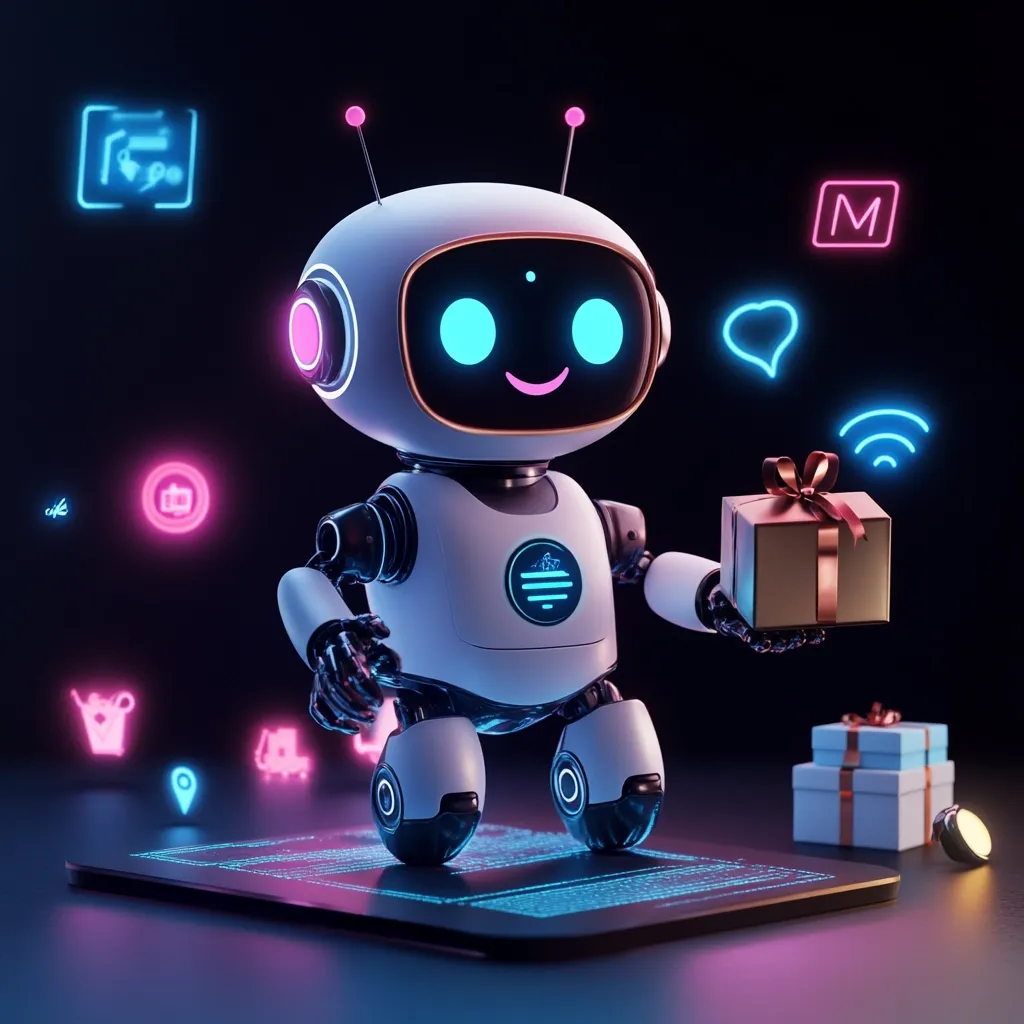 A cute, white robot with bright blue eyes and pink accents stands on a glowing tablet. It holds a small, gift-wrapped present.  Neon icons surrounding it suggest online shopping, messaging, and delivery services. The overall aesthetic is futuristic and playful, emphasizing a friendly AI interaction with e-commerce. The dark background enhances the vibrant colors of the robot and the neon elements.