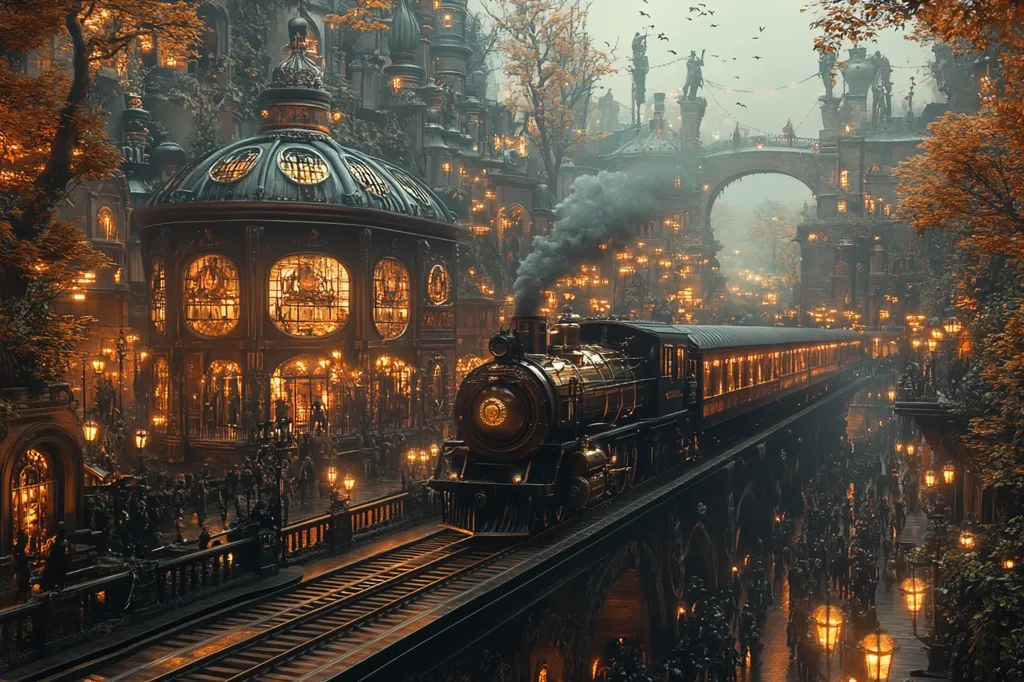 A digital painting depicts a steam train chugging through a fantastical, steampunk-inspired city at twilight.  Ornate, gothic-style architecture lines the elevated tracks, illuminated by numerous warm-toned gas lamps.  Autumnal trees frame the scene, adding to the moody atmosphere.  The train itself is detailed, exuding a sense of age and craftsmanship.  The overall impression is one of magical realism and a blend of historical and futuristic aesthetics.