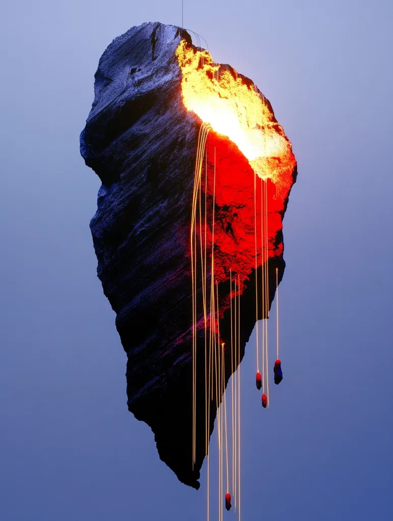 The image depicts a surreal, dark-colored rock formation resembling a floating island.  A glowing, fiery orange interior is visible through a fissure, from which thin, glowing gold strands descend, terminating in small, dark red orbs.  The contrast between the dark rock, fiery core, and glowing strands creates a dramatic, otherworldly scene against a muted blue backdrop.  The overall impression is one of ethereal beauty and hidden energy.