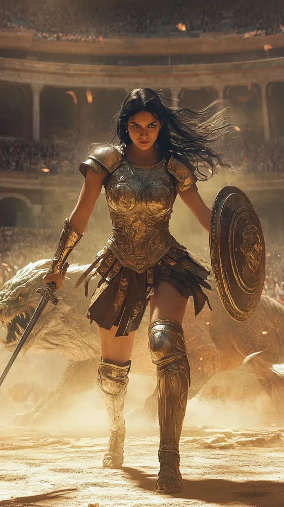 A powerful female warrior, clad in ornate golden armor, strides purposefully through a dusty arena.  Her long dark hair flows behind her as she wields a sword and shield, her intense gaze fixed ahead.  Two massive reptilian creatures flank her, adding to the dramatic intensity of the scene.  The background features a blurred but discernible amphitheater filled with spectators, suggesting a gladiatorial contest. The overall tone is epic and cinematic.
