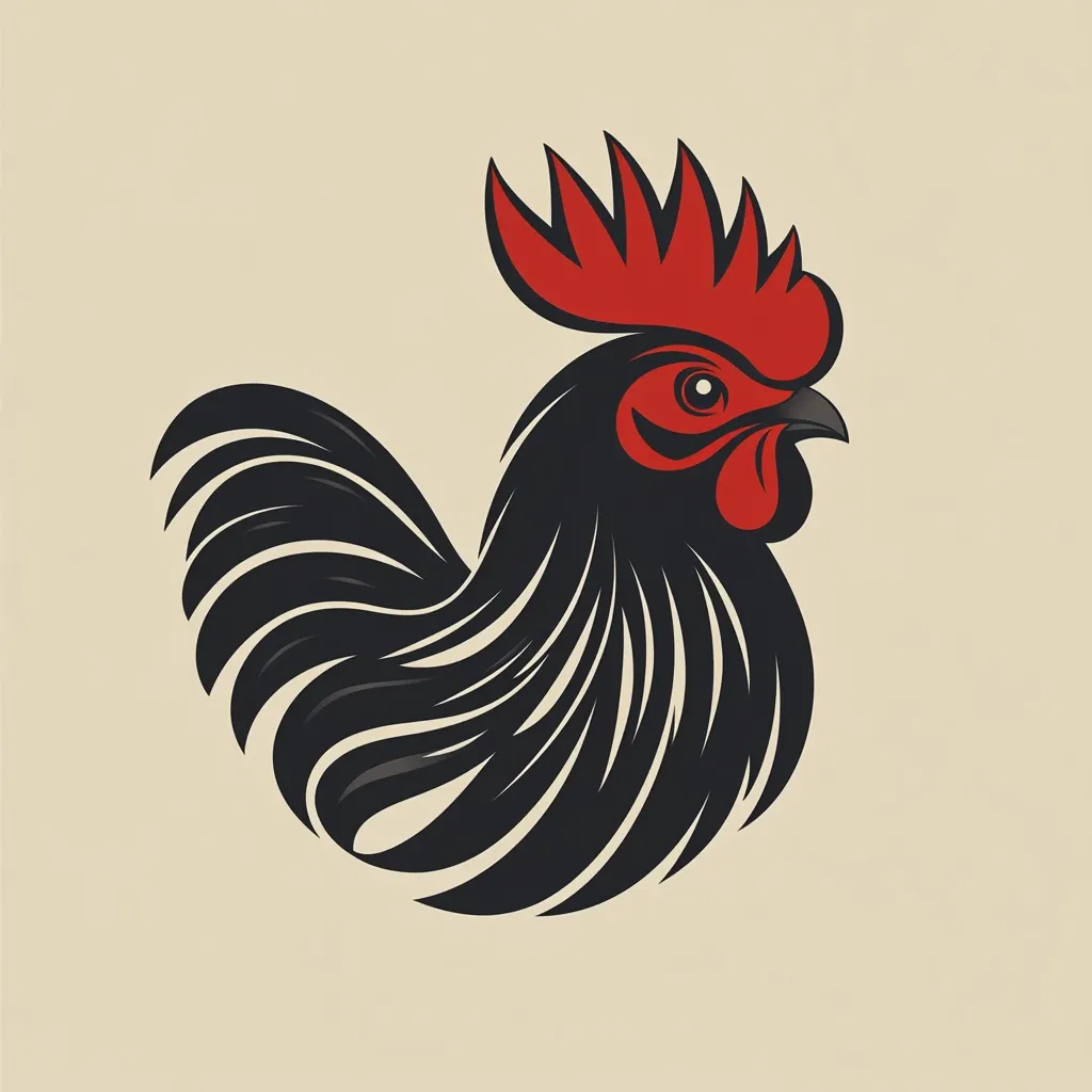 The image is a stylized illustration of a rooster.  The rooster is primarily black, with a vibrant red comb and wattles. Its plumage is depicted with sleek, flowing lines, giving it a streamlined, almost abstract appearance. The design is clean and modern, suitable for a logo or emblem. The background is a muted beige, providing a neutral backdrop that allows the rooster to stand out.