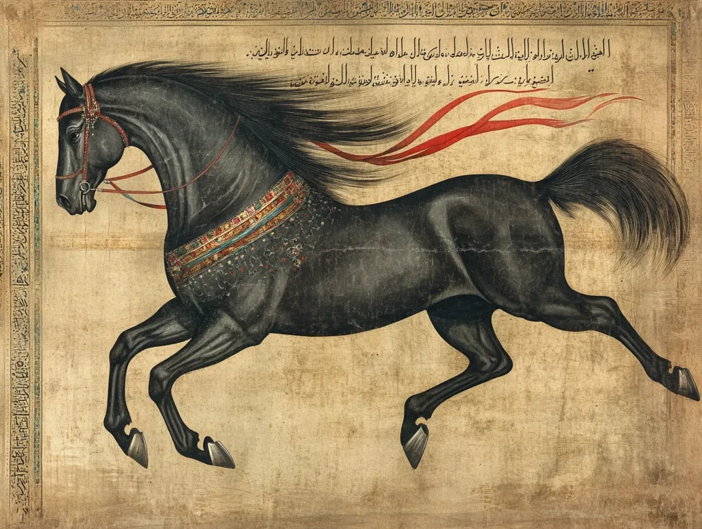 The image is a detailed depiction of a black horse in motion, rendered in a style reminiscent of Mughal miniature painting. The horse, with its long flowing mane and tail, is shown mid-gallop, its legs elegantly extended. It wears a richly ornamented saddle blanket and bridle, showcasing intricate detailing in gold and vibrant colors.  Arabic script borders the artwork, suggesting a historical or literary context. The aged, parchment-like background adds to the piece's antique aesthetic.
