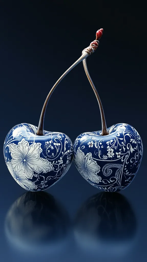 Here's a description of the image:

Two cherries, seemingly crafted from porcelain or a similar material, are depicted against a deep blue background.  Their surfaces are adorned with an intricate, swirling design in white, reminiscent of chinoiserie or blue-and-white porcelain patterns. Delicate floral motifs are incorporated into the overall design.  The stems are thin and dark, with a small, red detail at the very top. The cherries and their reflections create a visually striking, symmetrical composition. The overall mood is elegant and sophisticated.