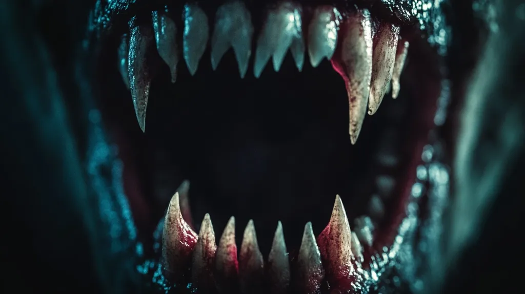 Here is a description of the image in under 100 words:

The image is a close-up shot of a monstrous, gaping maw filled with rows of sharp, pointed teeth. The teeth are long and jagged, stained with what appears to be blood or dark residue, adding to the gruesome effect.  The gums are dark red, almost black in places, contrasting with the off-white color of the teeth. The creature's skin is only partially visible, appearing dark and textured. The overall tone of the image is dark and ominous, suggesting a creature of horror or fantasy. The focus is sharply on the teeth, creating a sense of intense detail and potential danger.