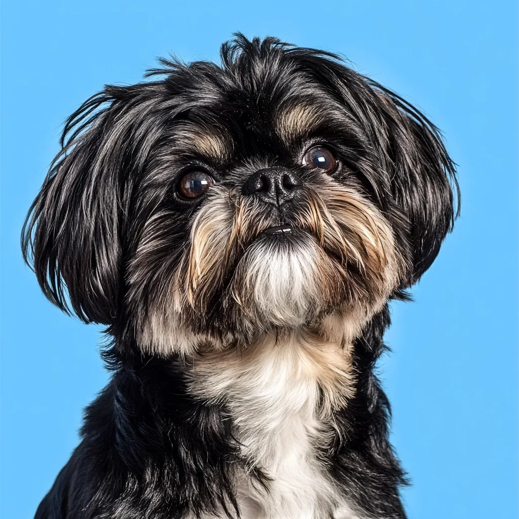 Here's a description of the image:

Close-up view of a Lhasa Apso or similar small breed dog against a bright blue background. The dog has long, somewhat shaggy black fur with lighter, tan and white accents around its face and chest. Its expression is curious and attentive, looking slightly upward. The fur is thick and appears soft.  The dog's dark eyes are prominent, and its nose is black. The overall impression is one of a fluffy, endearing pet.