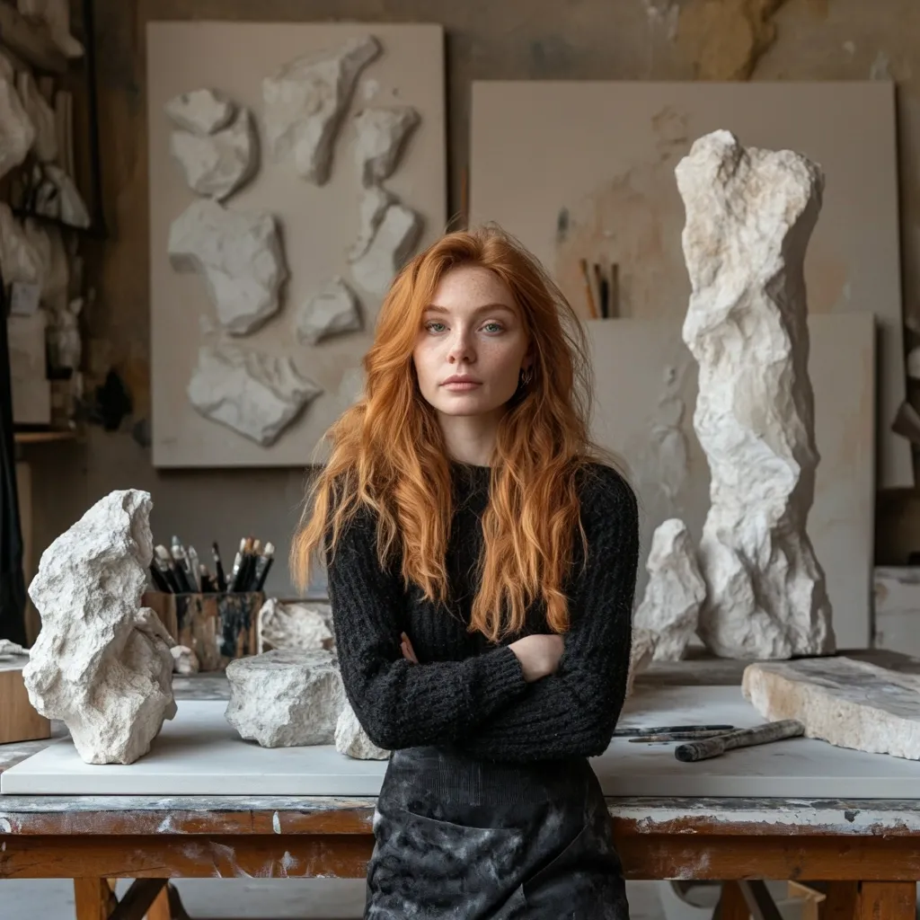 A young woman with long, wavy auburn hair stands in her art studio, her arms crossed, looking directly at the camera. She wears a black knit sweater and a dark-colored apron.  Behind her are several unfinished stone sculptures, some on a nearby table, others on the floor, and several large, abstract wall pieces. The studio has a rustic, artistic atmosphere. The overall mood is one of quiet confidence and artistic contemplation.