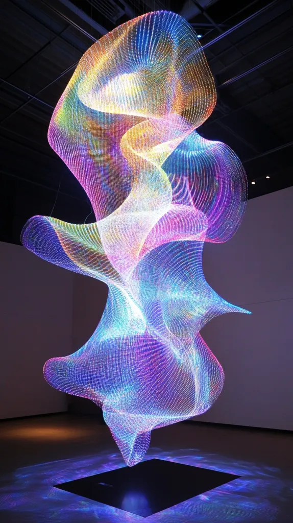 A mesmerizing, iridescent sculpture hangs suspended in a dark room.  Its form is fluid and dynamic, resembling a swirling cloud or flowing fabric, composed of countless tiny lights that create a shimmering, ethereal effect.  The multicolored LEDs cast a vibrant glow onto the floor below, enhancing the piece's otherworldly beauty and creating an immersive, captivating display.  The sculpture appears to be a modern art installation.