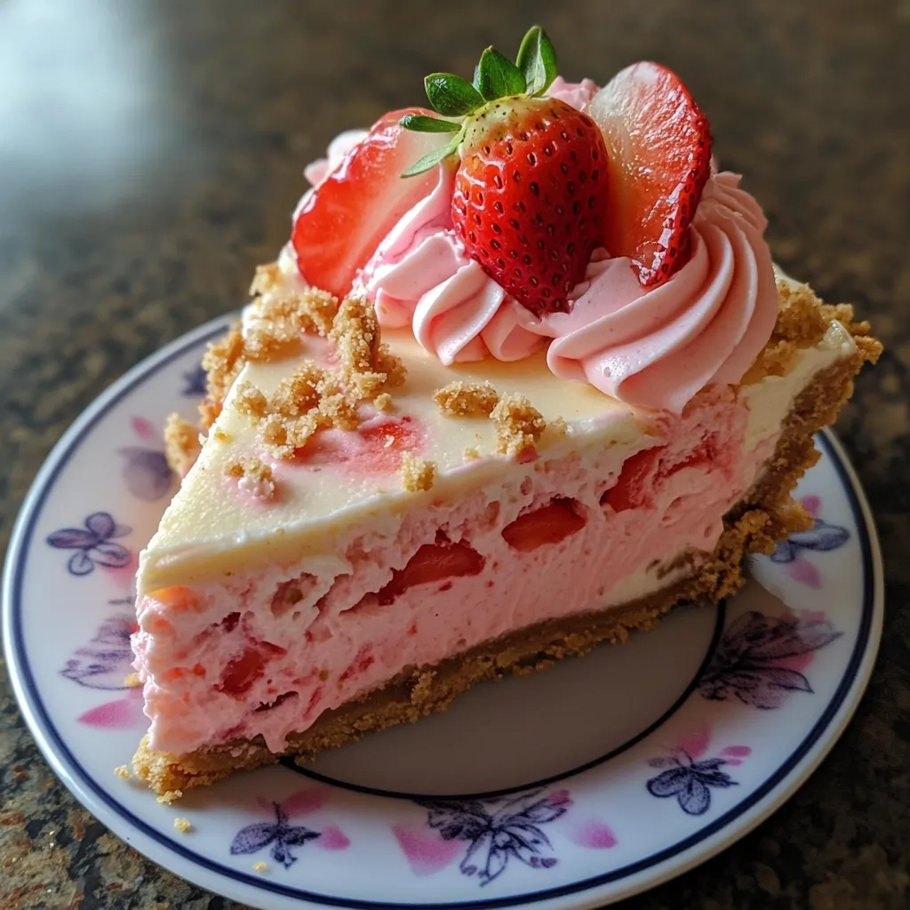 A slice of strawberry cheesecake sits on a decorative plate.  The cheesecake has a creamy pink strawberry filling, visible through the top layer of white cheesecake.  A swirl of pink frosting and fresh strawberries garnish the top.  The crust appears to be a buttery, crumbly graham cracker base. The plate features a delicate floral pattern in shades of pink and purple.  The overall presentation is visually appealing and suggests a delicious dessert.
