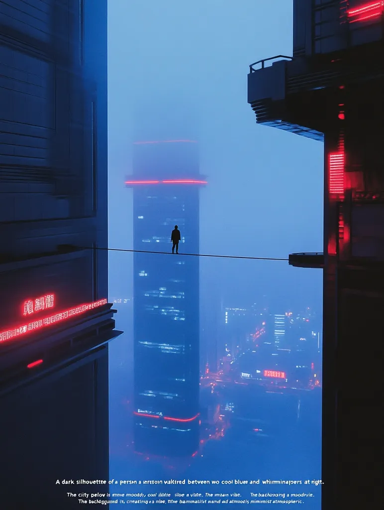 Here's a description of the image:

A lone figure, a dark silhouette, stands on a narrow pathway suspended between two towering futuristic buildings at night.  The scene is bathed in a cool blue light, punctuated by vibrant red neon accents on the buildings. A misty fog hangs in the air, obscuring the lower cityscape, which is reflected in a glassy surface below the pathway. The overall mood is atmospheric, minimalist, and slightly melancholic. The scene evokes a sense of isolation and futuristic urban loneliness.
