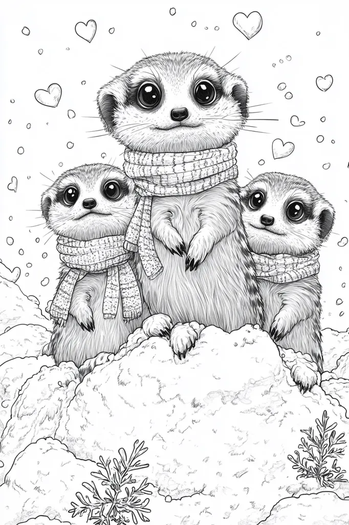 Here's a description of the image:

A charming black and white illustration features three meerkats nestled together in a snowy landscape.  The largest meerkat is centrally positioned, wearing a knitted scarf, while two smaller meerkats flank it, also adorned with scarves.  Heart shapes float around them, suggesting a Valentine's Day or romantic theme.  The meerkats have large, expressive eyes, giving them a cute and endearing appearance. The snow is textured, and small plants peek out from the bottom, completing the winter scene. The overall style is reminiscent of a coloring book page.