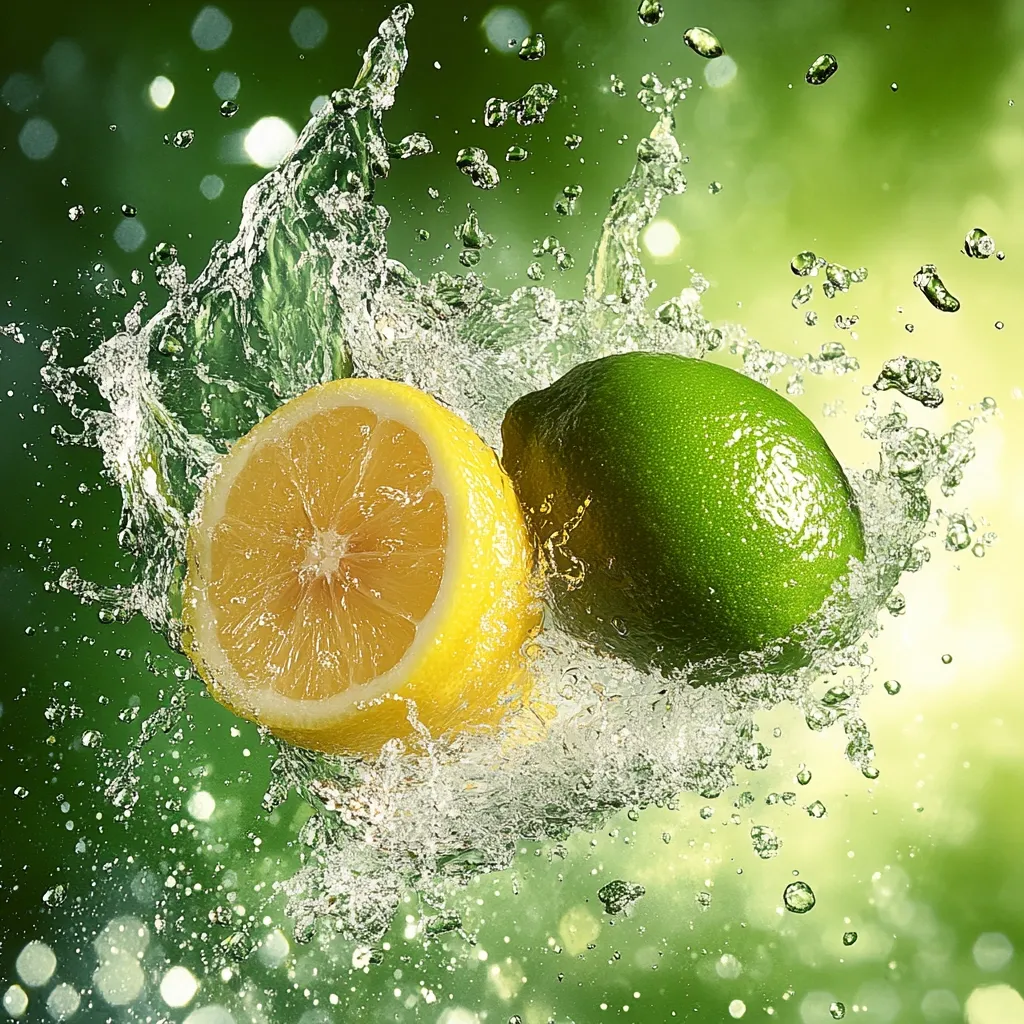 A vibrant image captures a lemon and lime, halved and whole respectively, splashing into a pool of clear water.  The citrus fruits are the focal point against a bokeh background of soft green hues.  Water droplets and splashes surround the fruits, creating a dynamic and refreshing scene.  The bright colors and energetic movement suggest juiciness and vitality.