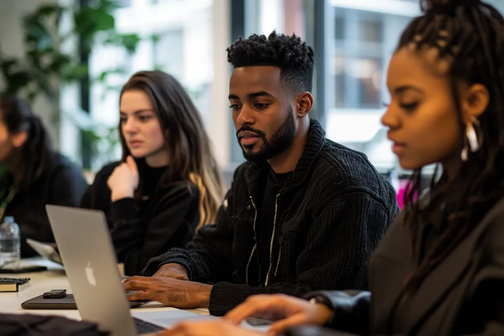 A group of young adults, predominantly Black, are seated around a table, working collaboratively.  A man in the center is focused on a laptop, his hands actively typing. A woman to his left seems engaged, while a woman to his right observes, her attention seemingly divided.  The atmosphere is one of focused collaboration, suggesting a work or study setting within a modern, bright space.  The overall tone is professional and serious.