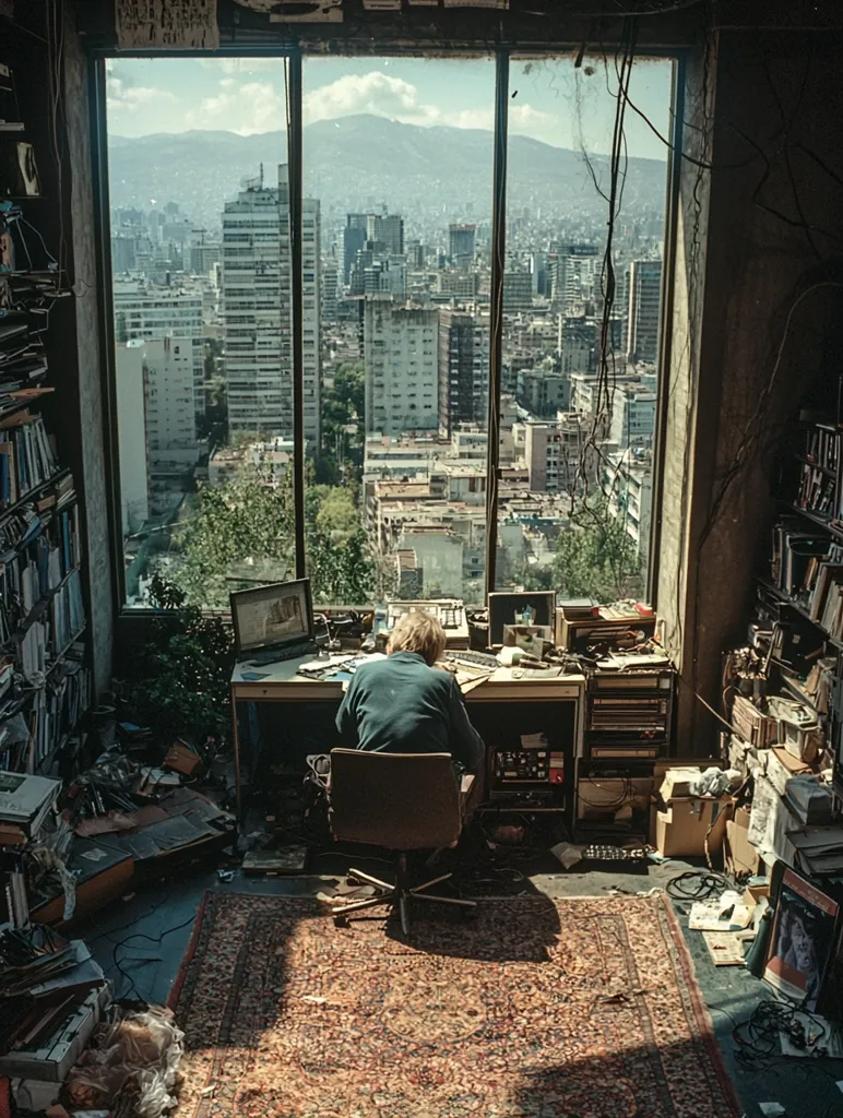 A person sits at a cluttered desk, facing away from the camera, in a room with a large window overlooking a sprawling city.  The cityscape stretches to distant mountains under a bright sky. The room is filled with bookshelves, papers, and various technological equipment, suggesting a creative or intellectual workspace.  A patterned rug lies on the floor amid the scattered clutter, adding a touch of warmth to the otherwise somewhat chaotic scene. The overall ambiance is one of creative energy and artistic disarray.