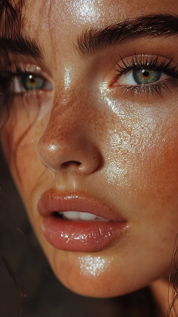 Close-up of a woman's face, showcasing sun-kissed skin with freckles and a dewy, glistening finish.  Her makeup is subtly highlighted with a shimmer, emphasizing her green eyes and full lips. The image focuses on texture and light, creating a warm, radiant aesthetic.  Her dark eyebrows frame her eyes perfectly. The overall effect is one of natural beauty enhanced with a delicate touch of makeup.