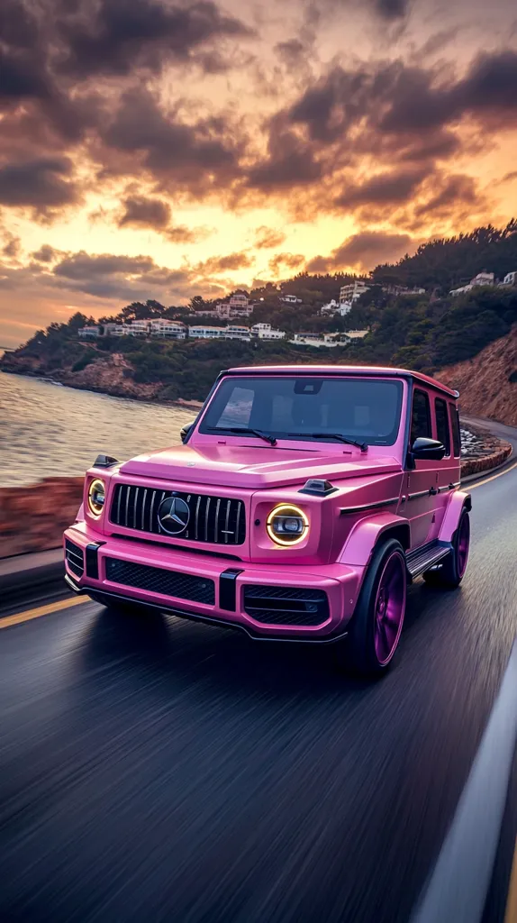 Here's a description of the image:

A vibrant pink Mercedes-Benz G-Class AMG drives along a coastal road at sunset. The car, highly polished, gleams under the warm light. The background features a picturesque coastline with houses perched on a hillside, and a dramatic, colorful sky filled with clouds. The motion blur suggests speed, enhancing the dynamic feel of the scene. The overall impression is one of luxury, power, and scenic beauty.
