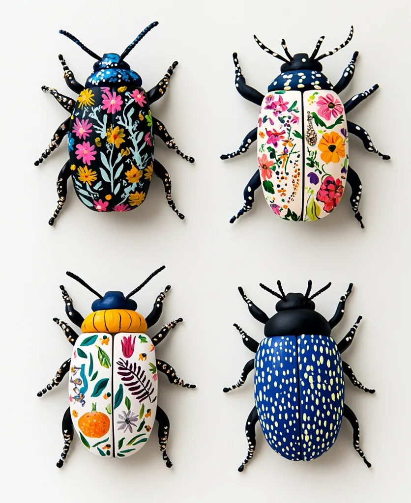 Here's a description of the image:

The image shows four meticulously crafted beetle sculptures arranged in a 2x2 grid against a white background. Each beetle is hand-painted with vibrant, distinct designs.  Two feature floral patterns in bright colors on a black and white base respectively.  Another displays a botanical design of oranges, leaves, and flowers on a white background. The final beetle is painted a deep blue speckled with luminous yellow dots.  The beetles have black legs and antennae, showcasing intricate detail and a high level of artistic skill.