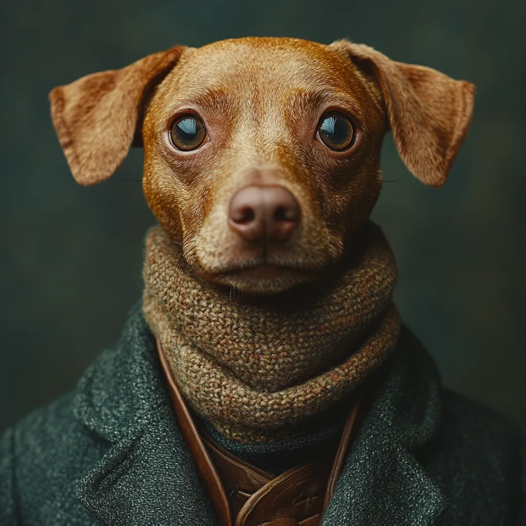 Here is a description of the image:

Close-up portrait of a small, brown dog dressed in a dark green coat and a brown knit scarf. The dog's expression is serious and slightly apprehensive, with large, dark eyes that hold the viewer's gaze. The coat appears to be tailored, and the scarf is neatly wrapped around its neck. The background is a muted, dark teal, providing a stark contrast to the dog's warm-toned fur and attire. The overall style evokes a sense of vintage portraiture or classic fashion photography.