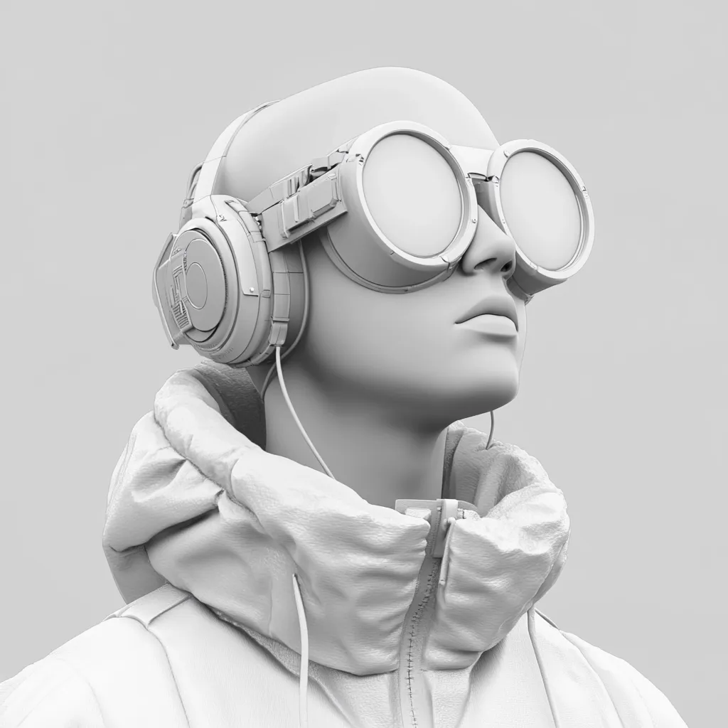 A grayscale 3D rendering depicts a mannequin's head and shoulders, wearing large, round goggles and over-ear headphones.  The mannequin is dressed in a puffy hooded jacket, giving a futuristic or steampunk aesthetic.  The image is minimalist, with a plain light gray background focusing attention on the mannequin and its accessories. The overall impression is one of sleek, technological style.